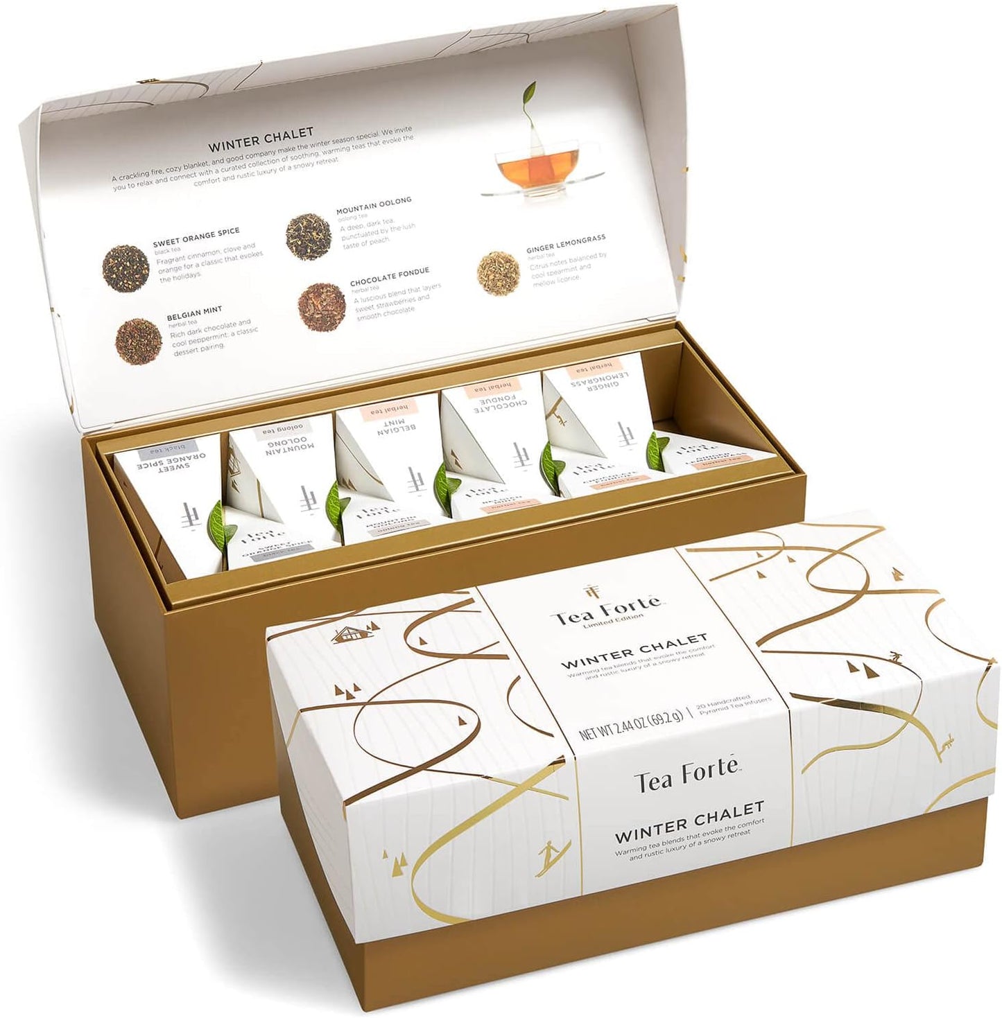 Wellbeing Organic Wellness Tea Presentation Box Tea Sampler Gift Set, 20 Assorted Variety Handcrafted Pyramid Tea Infuser Bags - Herbal Tea, Green Tea