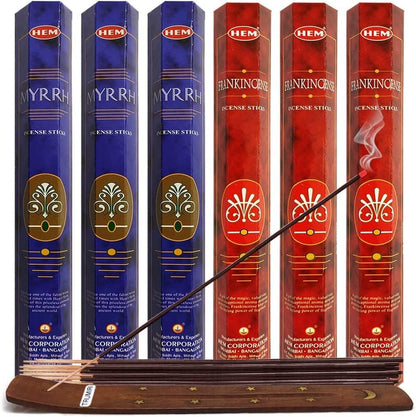 Frankincense Incense Sticks and Myrrh Incense Sticks with Incense Holder Bundle for Spiritual Décor and Home Fragrance