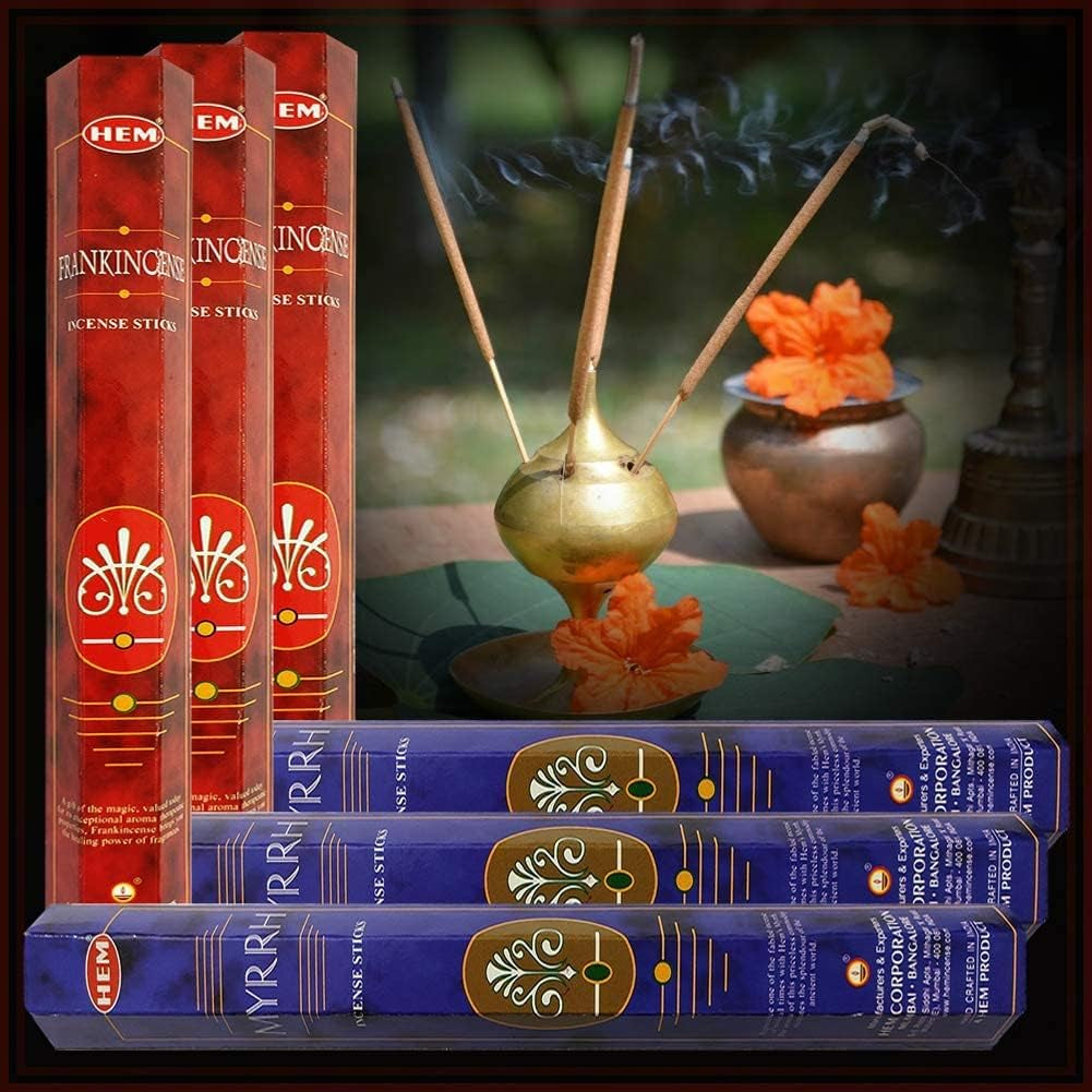 Frankincense Incense Sticks and Myrrh Incense Sticks with Incense Holder Bundle for Spiritual Décor and Home Fragrance